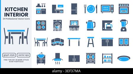 Küchenmöbel, Haushaltsgeräte Glyphe Icons Set. Herd, Kühlschrank, Mikrowelle, Kaffeemaschine, Esstisch flach, minimale Vektorgrafiken. Einfach Stock Vektor