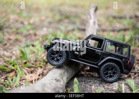 CHIANG Mai, THAILAND - 12. MAI 2026: Seitenansicht eines schwarzen Jeep Wrangler Rubicon Miniaturmodells auf einem umgefallenen Baumzweig Stockfoto