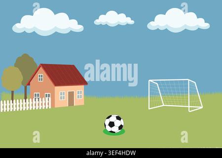 Ein Comichaus mit Fußball und Tor auf einem grünen Feld mit Wolken Stock Vektor