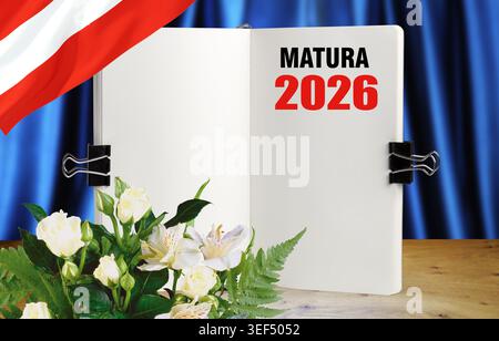 Mockup-Kollektion Matura 2026 zur Abschlussfeier. Leere Grußkarten mit österreichischen Fahnenbändern, Frühlingsblumen und deutschem Glückwunschtext Stockfoto