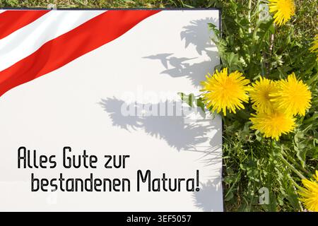 Mockup-Kollektion Matura 2026 zur Abschlussfeier. Leere Grußkarten mit österreichischen Fahnenbändern, Frühlingsblumen und deutschem Glückwunschtext Stockfoto