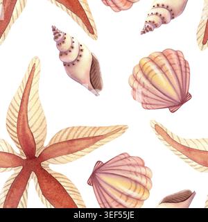 Nahtloses Muster mit verschiedenen Muscheln und Seesternen. Handgezeichnete Aquarellillustration in hellbeige und orange Farben für Verpackung, Verpackung und Stockfoto