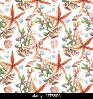 Seesterne und Unterwasserpflanzen. Handgezeichnete Aquarellillustration von Algen und Korallen in hellbeige und orange Farben für Verpackung, Postkarten und Stockfoto