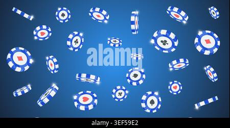 Blaue 3D-Casino-Chips. Fliegende Poker-Münzen blaue vip-Symbole. Realistischer rotierender und fallender glitzernder Hintergrund. Glücksspielwetten-Symbole Blackjack-Luxuszeichen Online-Bargeld spielen. Stock Vektor