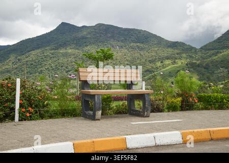 Leere Holzbank auf dem Bürgersteig mit Blumengarten, grünem Berghintergrund, seitlicher Blick auf die Parklandschaft und den ruhigen Ruhebereich Stockfoto