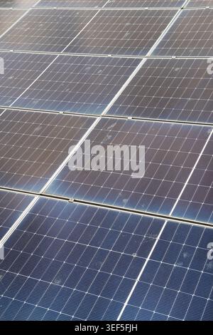 Solarpaneele in Vollformatstruktur, Gittermuster und metallischen Rahmen, erneuerbare Energien und nachhaltige Technologie in weichem Fokus Stockfoto