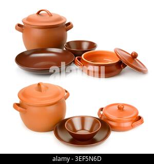Großer Satz Kochgeschirr zum Kochen (Töpfe, Teller, Tassen) isoliert auf weißem Hintergrund. Stockfoto