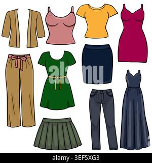 Kollektion von flachen Vektor Mode Illustrationen: Damenbekleidung Set Stock Vektor