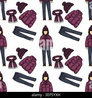 Nahtloses Vektormuster von Winterkleidung: Pufferjacken, Schals, Mützen und Jeans Stock Vektor