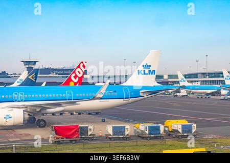 KLM- und Corendon-Flugzeuge an den Toren mit Gepäckwagen und Frachtcontainern am Flughafen Amsterdam Schiphol Stockfoto