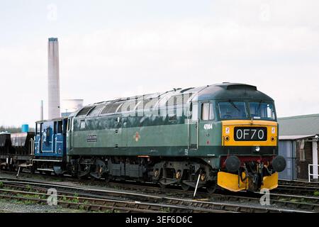 British Rail Class 47 Diesel-Elektrolokomotive Nummer 47004 in Didcot nahe der Didcot Power Station 1996, möglicherweise nachdem sie dort Kohle geliefert hatte. Ursprünglich als D1524 bezeichnet, wurde es von Brush Traction in Loughborough (Brush Falcon Works) gebaut und trat am 14. Juni 1963 in BR in Betrieb. Als im British Rail-Dienst D1524/47004 in den Standardfarben verschiedener Epochen gestrichen wurde, wurde sie Anfang der 90er Jahre wieder auf dieses Schema zurückgeführt, ähnlich den ursprünglichen Grünfarben der 1960er Jahre, mit festen Kopfcodes. Nach dem Ausscheiden aus der BR wurde der Dienst 47004 gerettet und ist auf einer Denkmalbahn erhalten Stockfoto