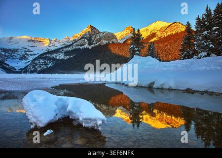 Schneebedeckte Berge Sonnenaufgang Reflexion auf gefrorenem See mit immergrünen Bäumen Winter Stockfoto