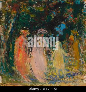Historisches Illustrationskunstwerk des Woodland Way von William Baxter Closson, mit einem ausdrucksstarken Waldweg, der mit lebendigen abstrakten Pinselbildern und mehrschichtigen Farben dargestellt wird. Stimmungsvolle Landschaftsmalerei mit impressionistischen Texturen und dramatischen Bewegungen durch eine dichte Waldlandschaft. Stockfoto