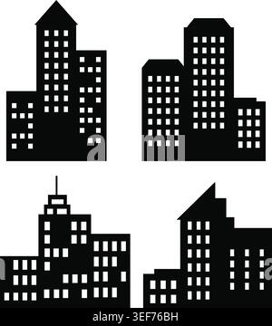 Flache schwarze Stadtlandschaft Silhouette Stadtgebäude setzen modernen urbanen Architektur-Vektor für grafisches Design und Werbung Stock Vektor