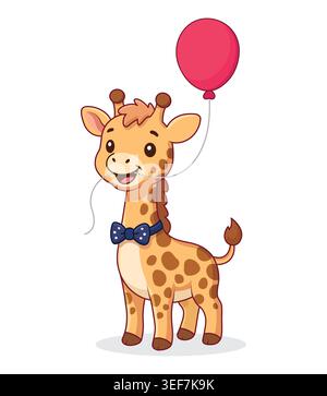 Niedliche Baby Giraffe Charakter hält Einen rosa Ballon im Mund und trägt Schleife Krawatte Vektor Illustration Stock Vektor