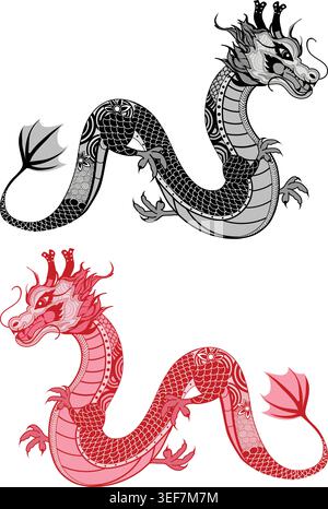 Traditionelle rote und schwarze chinesische Tierkreisvektor-Illustration, handgezeichnete Linie Kunst mit isoliertem Hintergrund. Stock Vektor