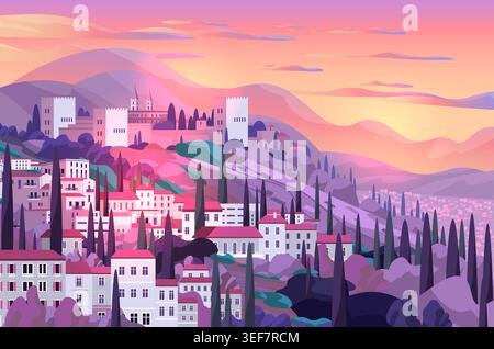 Granada Stadtlandschaft Alhambra Palast Sonnenuntergang Berge Zypressen traditionelle spanische Architektur malerische Landschaft Pastellfarben Webbanner Stock Vektor
