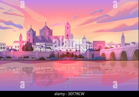 Cordoba Spanien Stadtlandschaft Sonnenuntergang historische Architektur Fluss Reflexion farbenfroher Himmel Reiseziel Skyline Landschaft Web Banner Stock Vektor