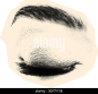 Stilisierte Nahaufnahme im Halbton mit kräftiger Augenbraue und geschlossenem Auge, in schwarzen Punkten auf cremefarbenem Hintergrund dargestellt. Ideal für Beauty, Editorial oder Retro Stock Vektor