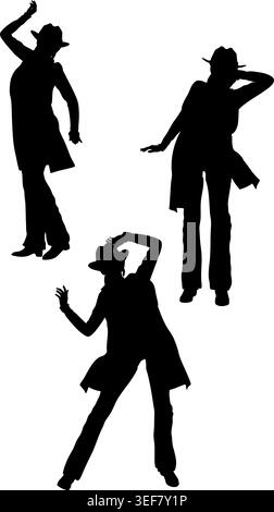 Auffällige schwarze Silhouette einer Frau mit Cowboyhut und Lederoutfit, auffällige Pose. Perfekt für Grafikdesign, Branding oder minimalistische Kunstprojekte. Stock Vektor