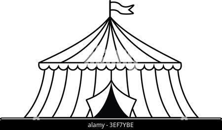 Klare schwarz-weiße Linienzeichnung eines klassischen Zirkuszelt mit großer Spitze mit einer Gipfelfahne und offenem Eingang. Ideal für Vintage-Event-Design, Illustrat Stock Vektor