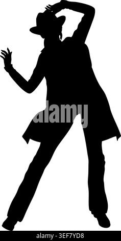 Auffällige schwarze Silhouette einer Frau mit Cowboyhut und Lederoutfit, auffällige Pose. Perfekt für Grafikdesign, Branding oder minimalistische Kunstprojekte. Stock Vektor