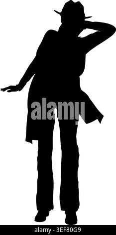 Auffällige schwarze Silhouette einer Frau mit Cowboyhut und Lederoutfit, auffällige Pose. Perfekt für Grafikdesign, Branding oder minimalistische Kunstprojekte. Stock Vektor