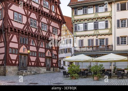 Fachwerkgebäude am Alten Rathaus. Detailansicht. Stadtblick auf Esslingen am Neckar. Esslingen a. N, Baden-Württemberg, Deutschland Stockfoto
