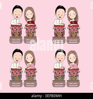 Cartoon-Illustration einer Braut und eines Bräutigams in traditioneller thailändischer Kleidung, die für die Zeremonie des Wassergießens sitzt. Stock Vektor