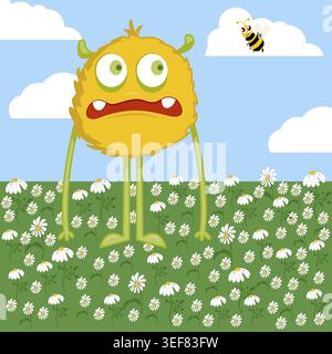 Lustiges verängstigtes gelbes Karikaturmonster, das in Gänseblümchenblumenfeld mit Biene über dem Himmel steht, niedliche Kinder-Vektor-Illustration Stockfoto