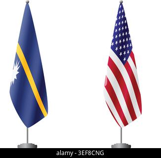 Nauru- und US-Flaggen auf Fahnenmasten für offizielle Zeremonien und Treffen, transparenter Hintergrund-Vektor Stock Vektor