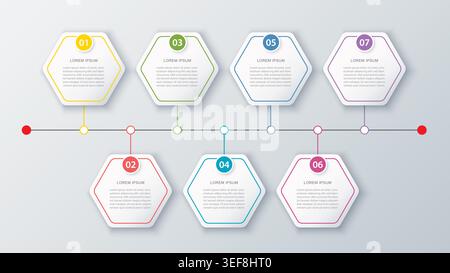 Horizontaler Zeitrahmen für Business-Infografik mit sieben Schritten für Optionen. Stock Vektor