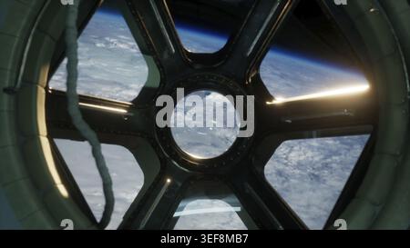 Blick auf das Cockpit von der Internationalen Raumstation in der Nähe des Planeten Erde. Elemente dieses Bildes, bereitgestellt von der NASA Stockfoto