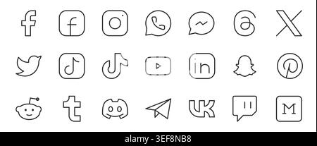 Social Media Logos und Kommunikations-Apps Liniensymbole setzen Vektorillustration. Stock Vektor