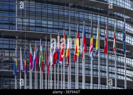 Flaggen aller Mitgliedsländer vor dem Europäischen Parlament, Straßburg, Elsass, Frankreich Stockfoto