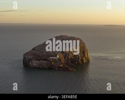 Blick aus der Vogelperspektive auf den Bass Rock Lighthouse auf der steilen Vulkaninsel, umgeben vom ruhigen Meer während der goldenen Stunde North Berwick, Schottland, Großbritannien Stockfoto