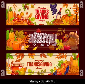 Happy Thanksgiving Day Feiertagsevent Banner, Vektor Herbsterntefest. Comic Herbstblätter, truthahn und Fruchtfleisch, Thanksgiving-Dinner, Obst und Pilze, Ahornlaub und Eichelbanner Set Stock Vektor