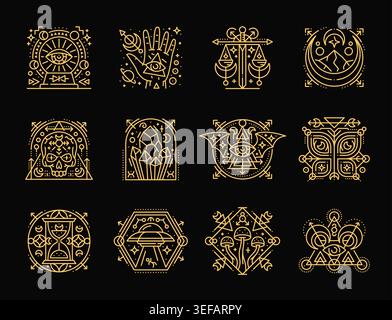 Esoterische Liniensymbole, mystische Boho-Tattoos von Vektorumrissen Mond, Sonne und Zauberhand, Alchemie, Astrologie und Hexerei. Esoterisches spirituelles Tarot, Hexenkristalle, Schädel- und Schmetterlingssymbole Stock Vektor