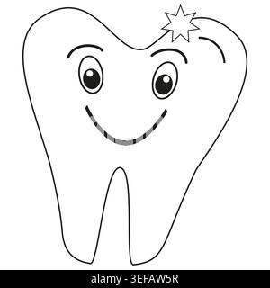 Glückliches Zahnmaskottchen. Symbol für glänzenden Zahn. Gesundheitsvektorsymbol. Molarenzeichen bereinigen. EPS 10. Stock Vektor