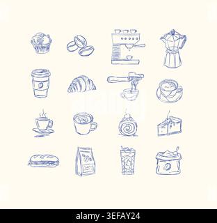 Kaffee und Bäckerei handgezeichnete Elemente Muffin, Bohnen, Maschine, Mokakanne, Croissant, Kuchen, Dessert, Beutel, Sandwich, Espresso-Zeichnung im linearen Kunststil Stock Vektor