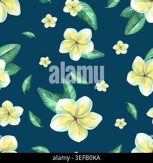 Nahtloses Aquarellmuster mit Plumeria-Blüten und grünen Blättern auf dunkelblauem Hintergrund. Tropische botanische Illustration für Stoff, Tapeten Stockfoto