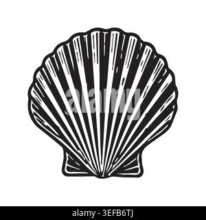 Vektorschale Meer und Illustration Silhouette Natur mit schwarzem Jakobsmuschel Stempel. Skizzieren Sie Icon Ozean und Vektor Wasser Marine mit Korallenwellenschale. Textur Stock Vektor