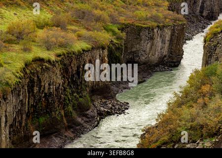 Der Hvit River fließt durch Basalte mit herbstlichen Farben in Islands Canyonlandschaft Stockfoto