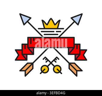 Heraldik gekreuzte Pfeile und rotes Farbband Symbol oder Symbol. Lineares Piktogramm des antiken Wappens, Vintage-Heraldik-Schild. Symbol des Königswappens Stock Vektor
