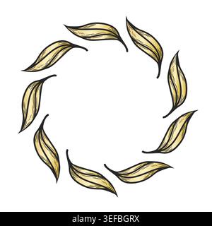 Vektorillustration eines kreisrunden Olivenblattkränzes mit goldenem Verlauf. Eleganter runder Rahmen für Hochzeitseinladungen, Logo und Bio-Branding. Stock Vektor