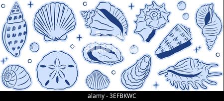 Set mit stilisierten Muscheln im blauen Stil. Handgezeichnete mediterrane Muscheln, Blasen und Funkeln, ideal für Küstenbranding, Meeresbrand Stock Vektor