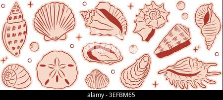Set mit stilisierten Muscheln im Stil der roten Linie. Handgezeichnete mediterrane Muscheln, Blasen und Funkeln, ideal für Küsten- und Meeresbrandmarken Stock Vektor