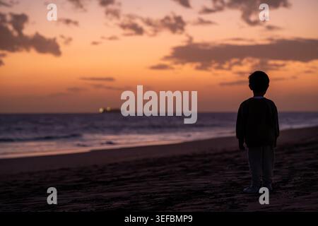 Silhouettenfigur steht allein am ruhigen Strand. Abenddämmerung zeigt den Himmel in sanften Orange- und Violetttönen. Meereswellen Rollen sanft auf das Ufer zu. Stockfoto