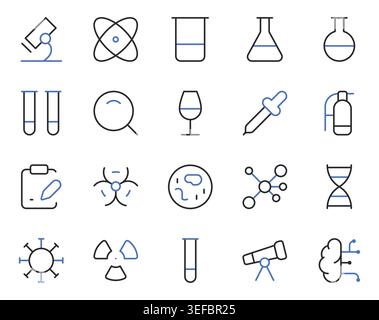 Symbole für wissenschaftliche Labore setzen editierbare Konturlinien-Vektorillustration. Stock Vektor