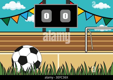 Ein Comic-Fußball auf einem Spielfeld mit einer Anzeigetafel und einem Tor Stock Vektor